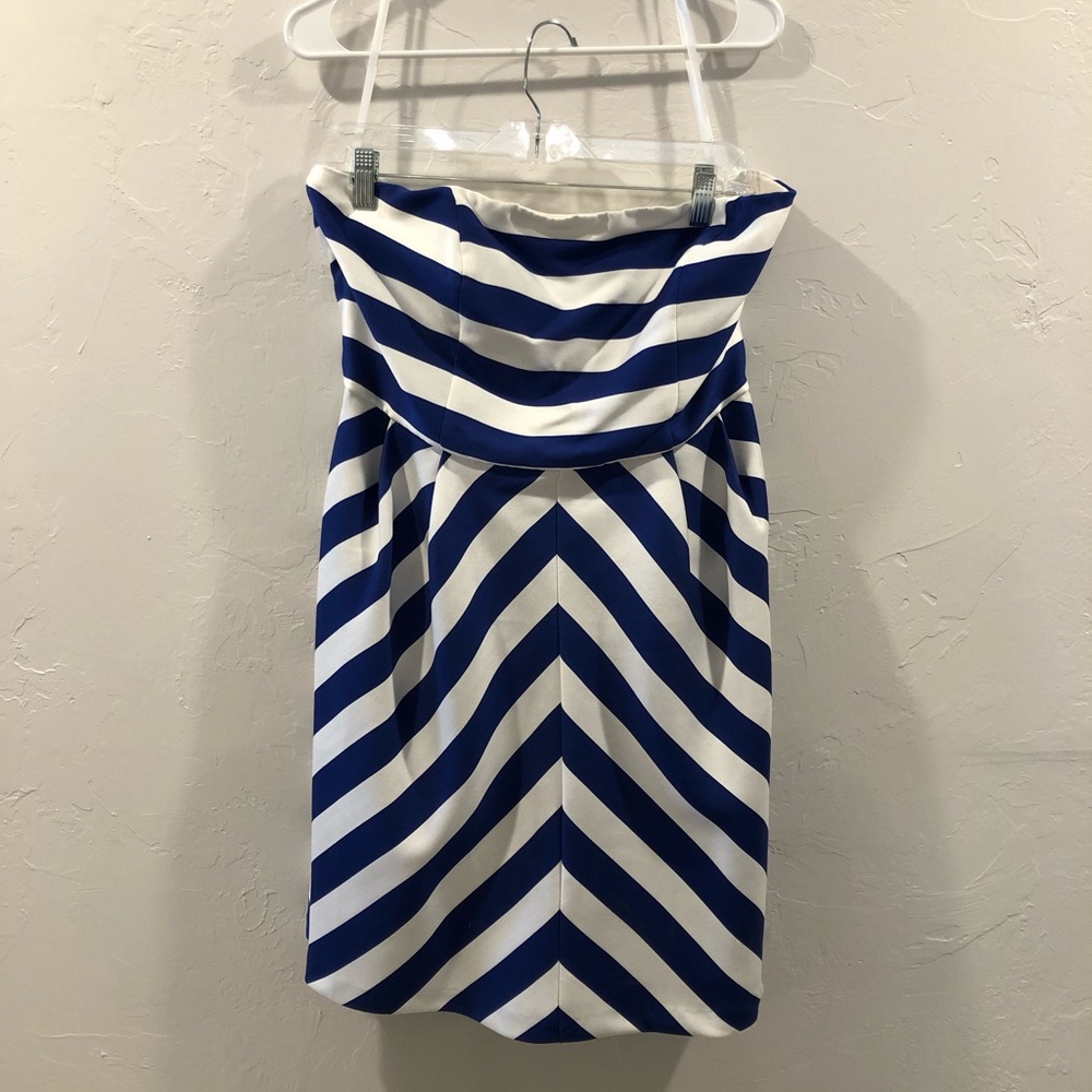 Blue and White Striped Strapless Dress